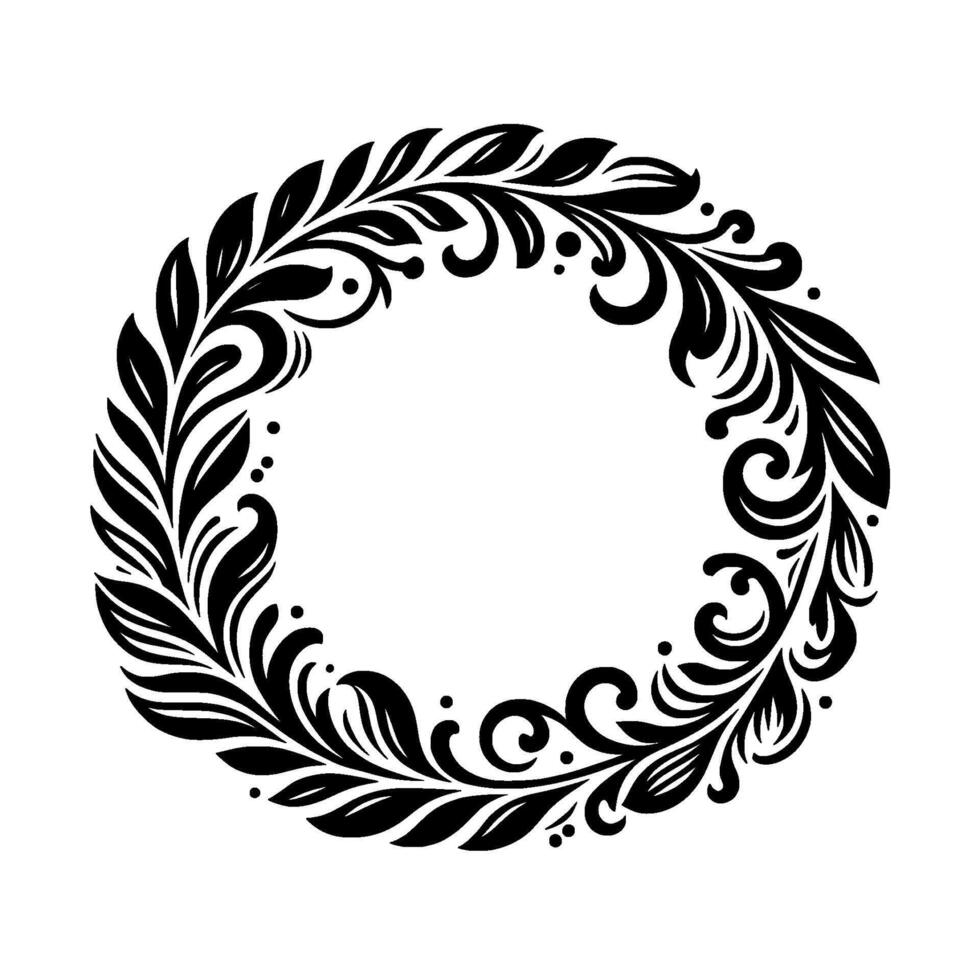 Intricate black white floral wreath detailed leafy forming an elegant circular frame on a white background. vector