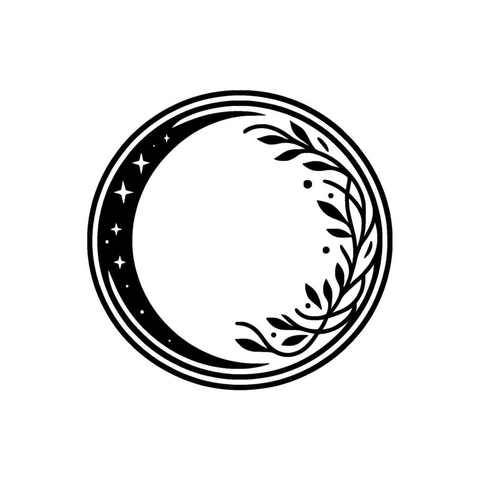 Black and white circular emblem featuring a crescent moon adorned with stars, surrounded by a laurel wreath and set against a stark white backdrop. vector