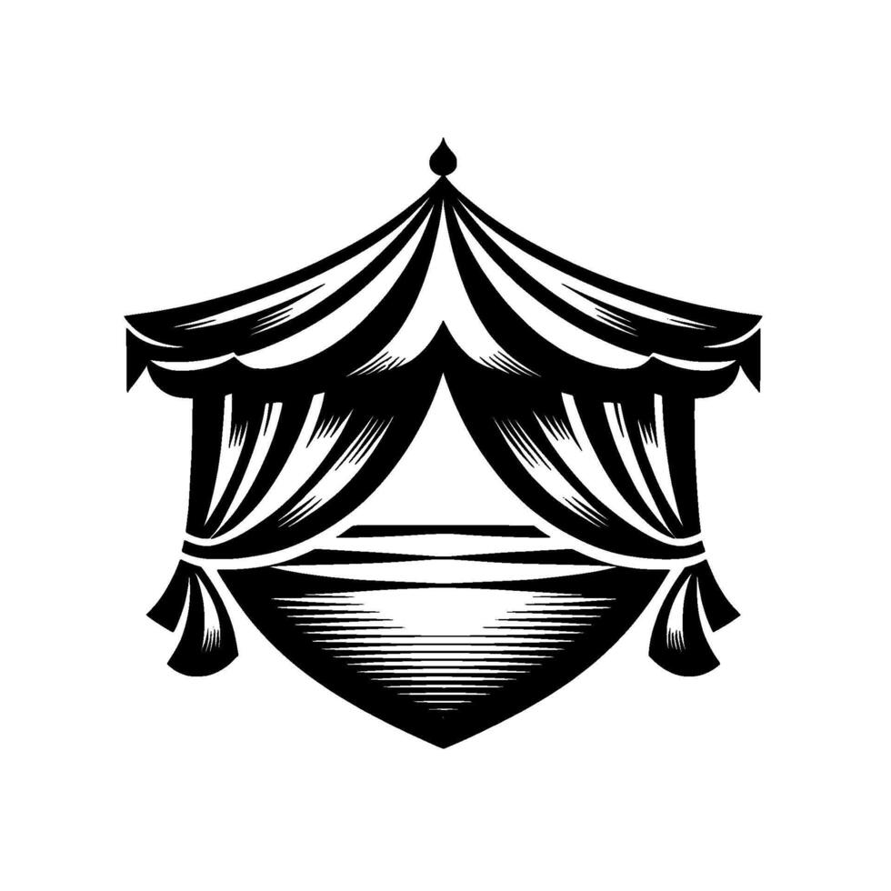 Black and white illustration of a stylized tent with elegant curtains and a decorative top in a simple geometric design. vector