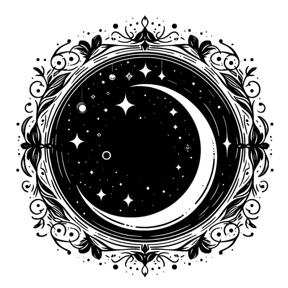Intricate celestial illustration crescent moon within ornate floral frame, stellar embellishments, mystical black and white design. vector