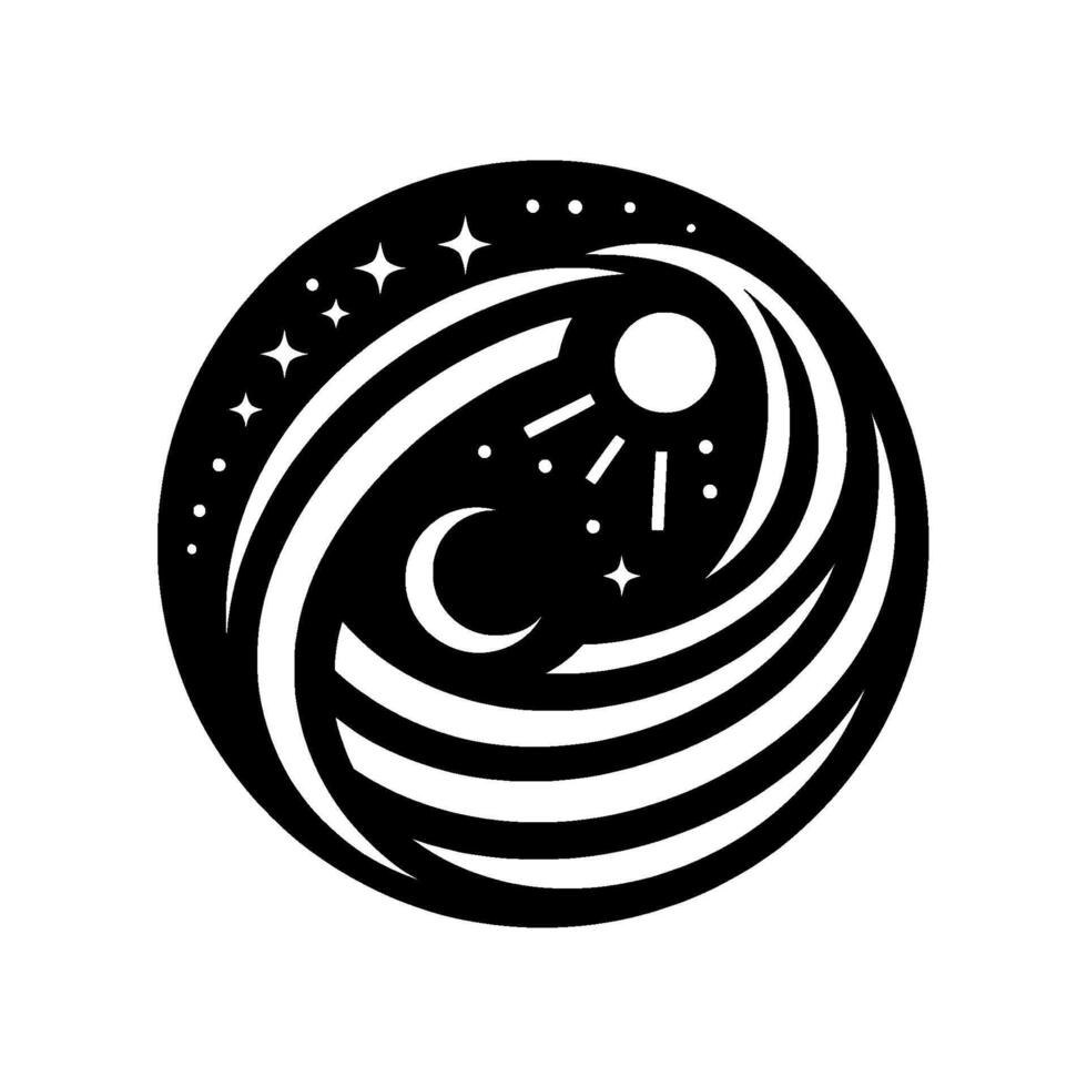 Symbolic yinyangesque celestial art a black and white circular illustration featuring sun, moon, and stars in a swirling vector