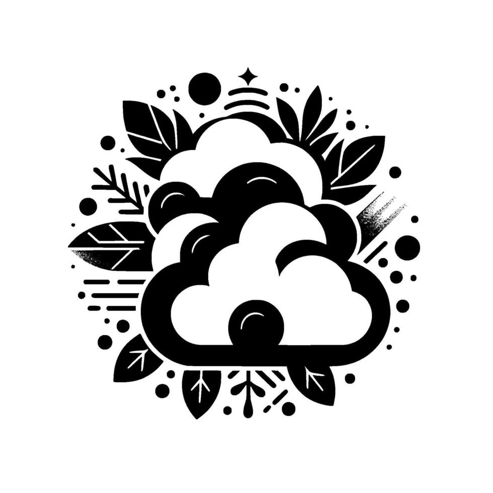 Stylized black and white circular composition featuring clouds, foliage, and geometric elements in a decorative arrangement. vector