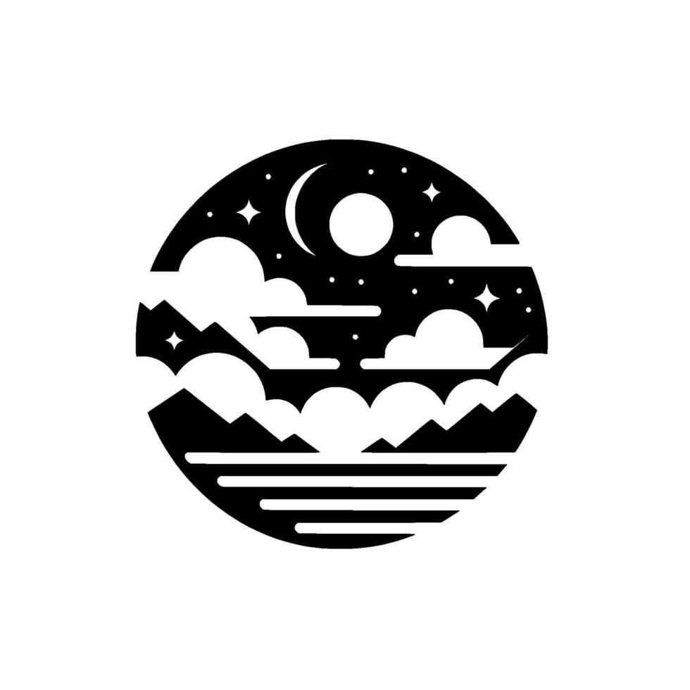 Black and white circular minimalist of a night landscape with mountains, clouds, moon, and stars. vector
