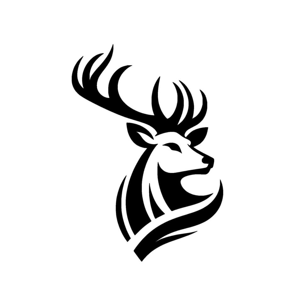 Minimalist black and white of a majestic deer head with elegant antlers, depicting strength and grace, on a plain background. vector