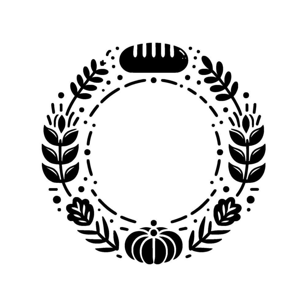 Black and white harvest wreath featuring bread, pumpkin, leaves, and wheat encircling a blank space, ideal for autumn celebrations. vector