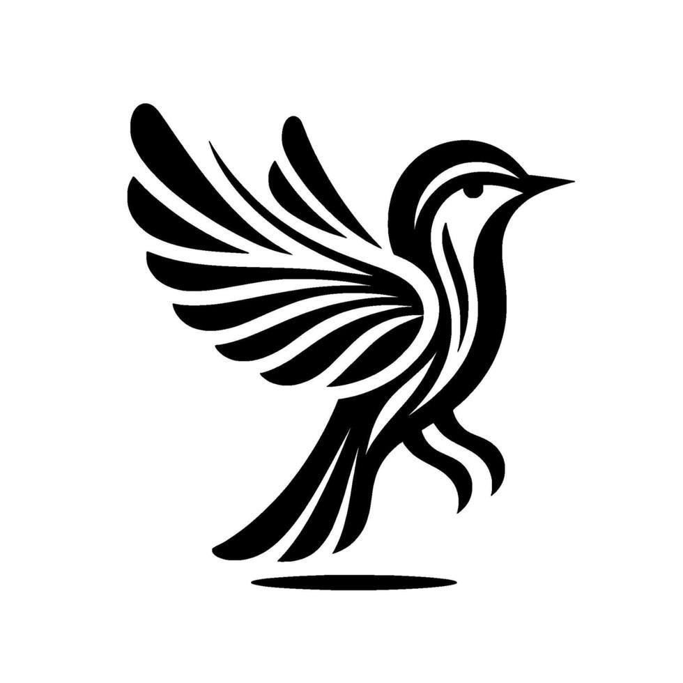 A sleek, minimalist black and white bird in flight, featuring stylized wing and body against a white background. vector