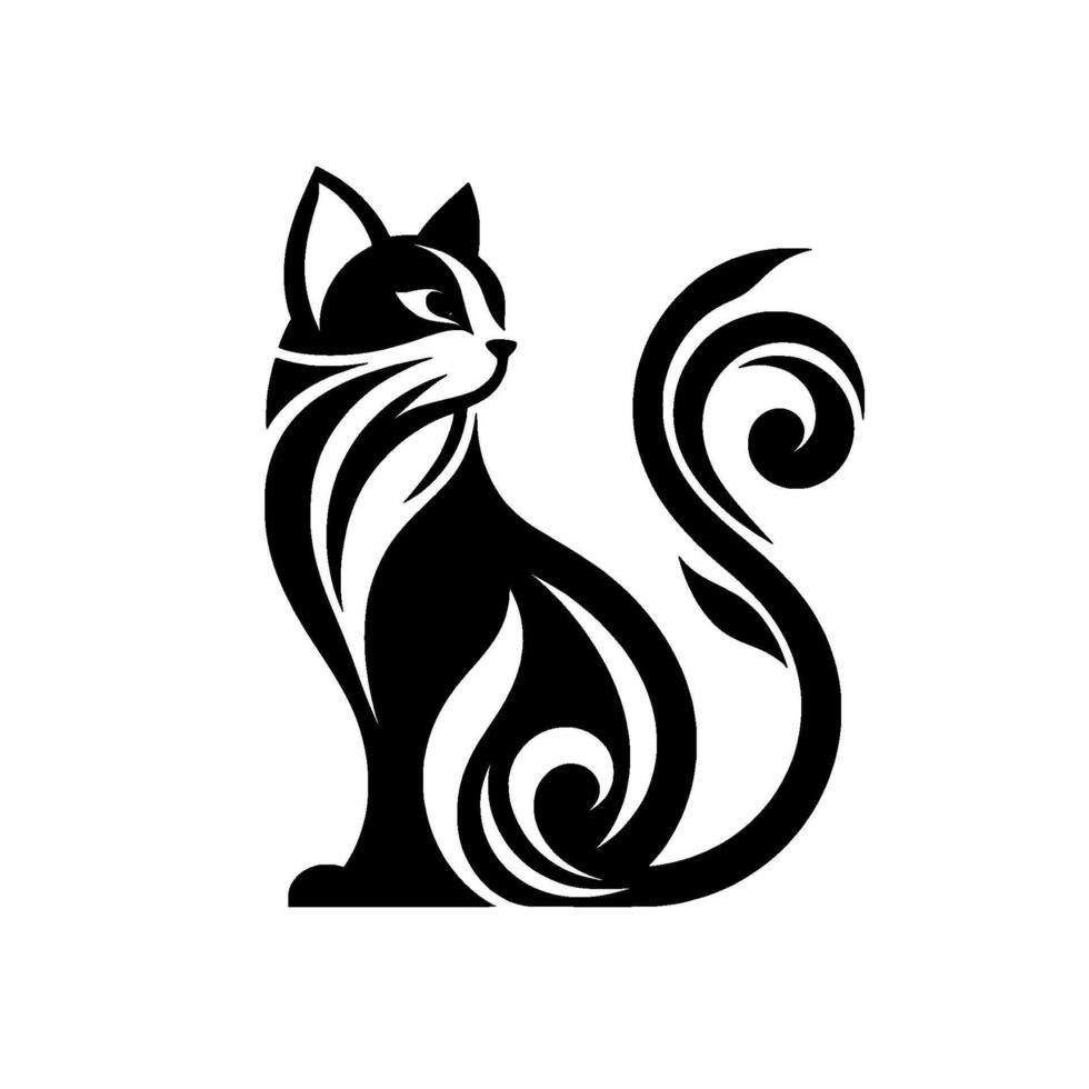 Elegant black and white cat logo minimalist featuring swirls, lines, and contours, isolated on white, showing graceful posing. vector