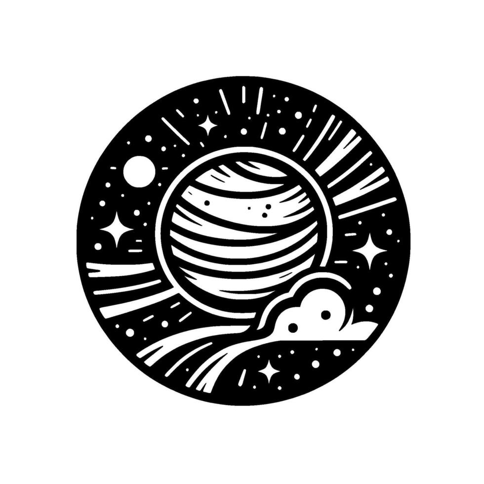 Stylized black and white cosmic scene striped planet, radiating lines, stars, moon, and cloud elements, within a circular frame. vector