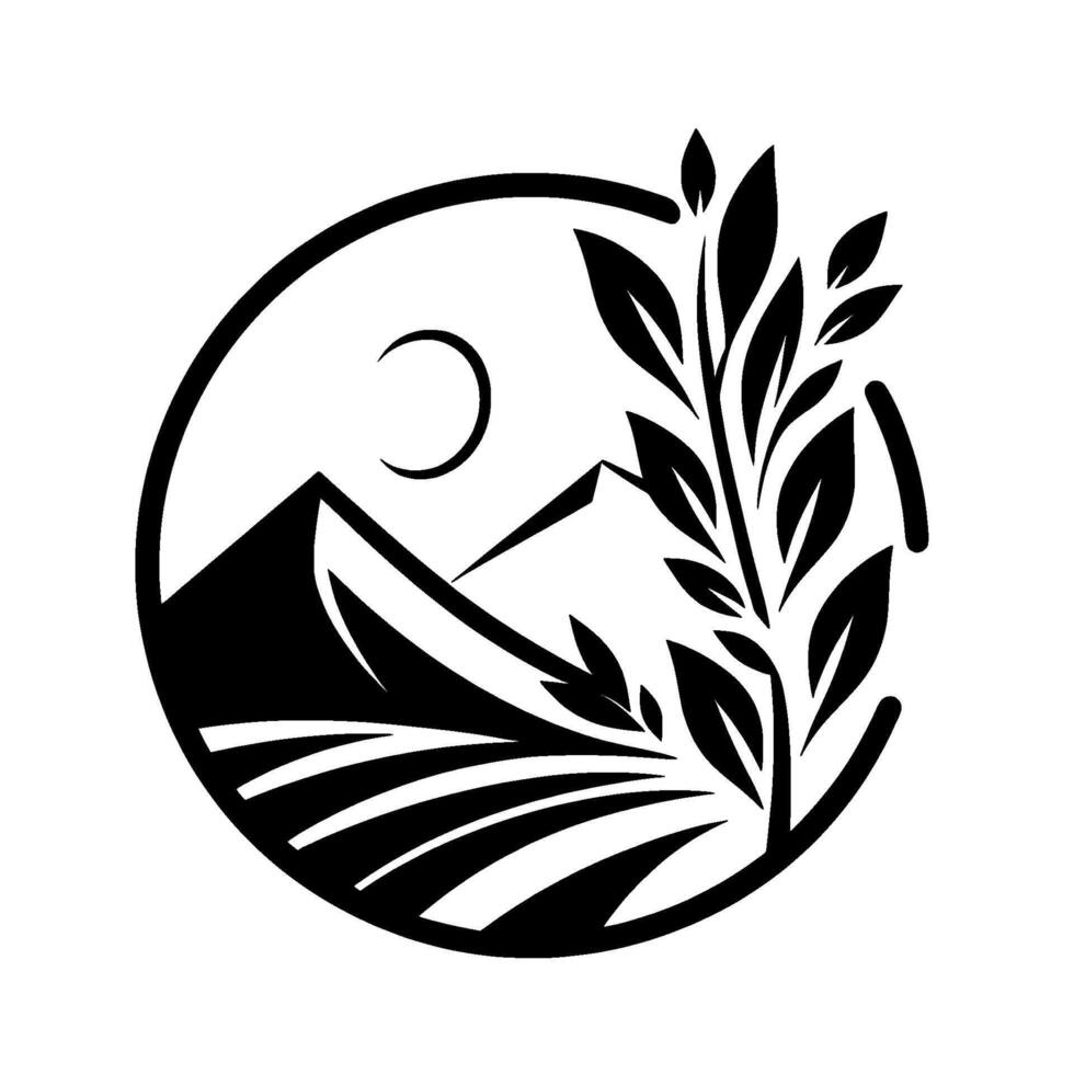 Black white circular featuring mountainous landscape with fields, crescent moon, and leafy branch. vector
