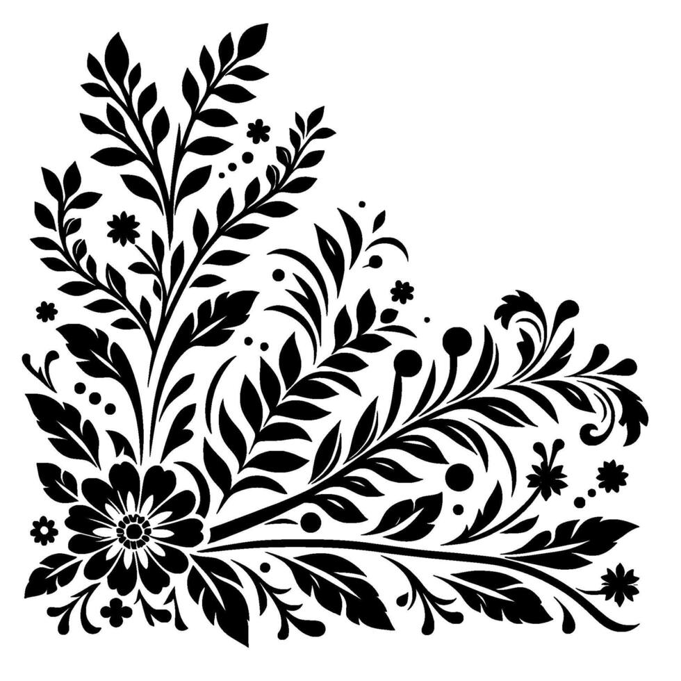 Elegant black floral corner with leaves, flowers, and ornate swirls on white background. vector
