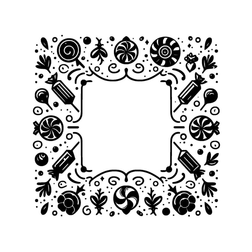 Monochromatic candy frame illustration of a square, ornate border featuring stylized sweets, spirals, and floral motifs, suitable for confectionery designs or invitations. vector