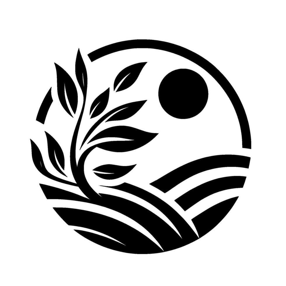 Black and white circular illustration plant growing, landscape of hills, sun, and natures harmony vector