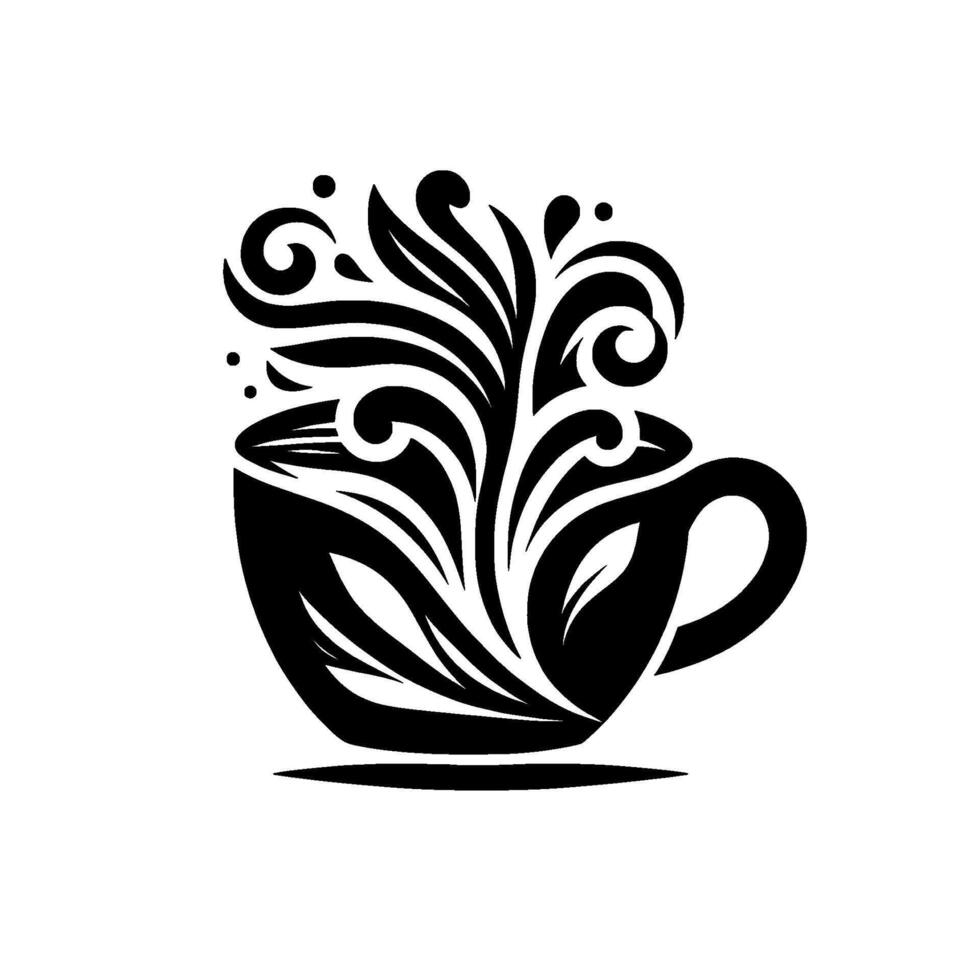 Decorative black white coffee cup illustration with ornate floral steam burst, isolated on white, minimalist design. vector