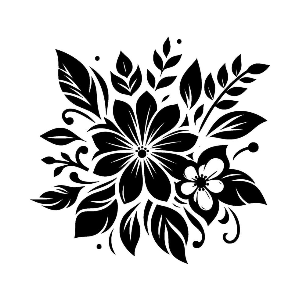 Intricate black and white floral mandala featuring a central bloom with layered petals, surrounding leaves, and delicate accents. vector