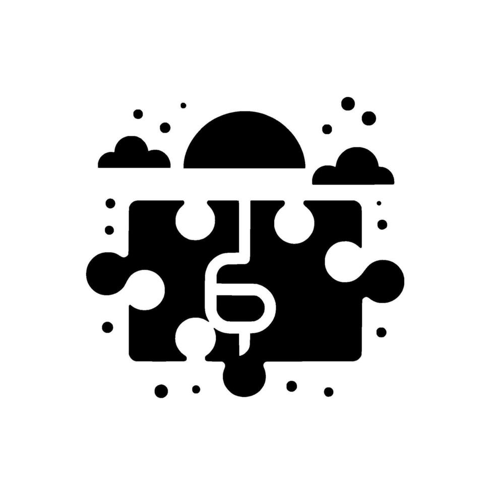 Abstract black puzzle piece with clouds, sun, and scattered dots, representing problemsolving and completion on white. vector