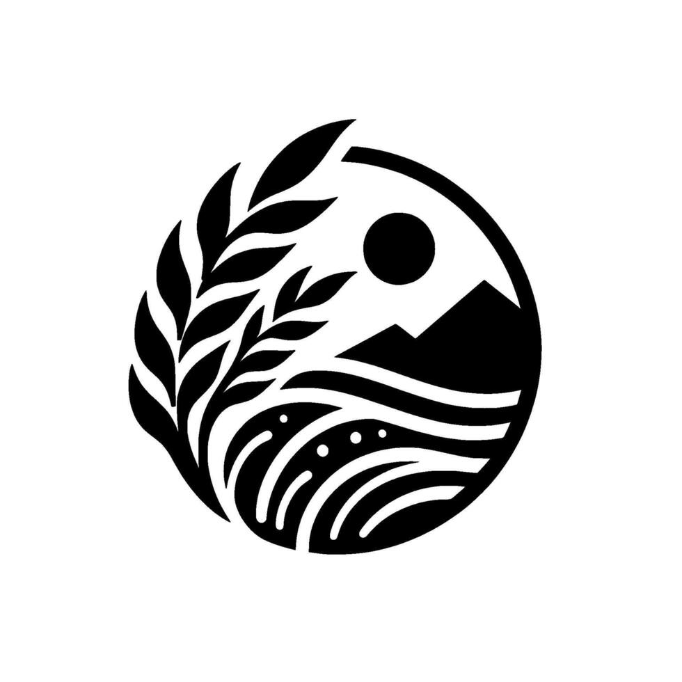 Minimalist circular depicting a stylized black and white landscape with wheat, mountains, sun, and fields. vector