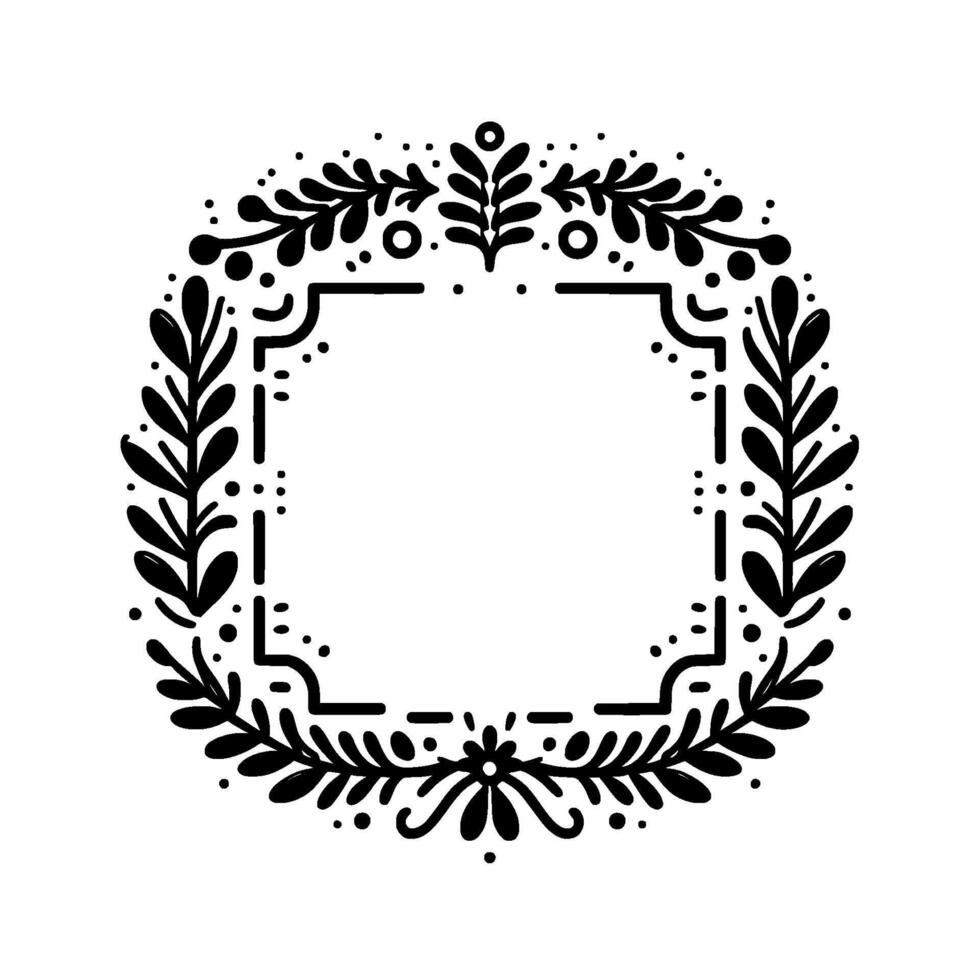 Intricate black leafy wreath with square inner frame, dotted accent on white background for invitations. vector