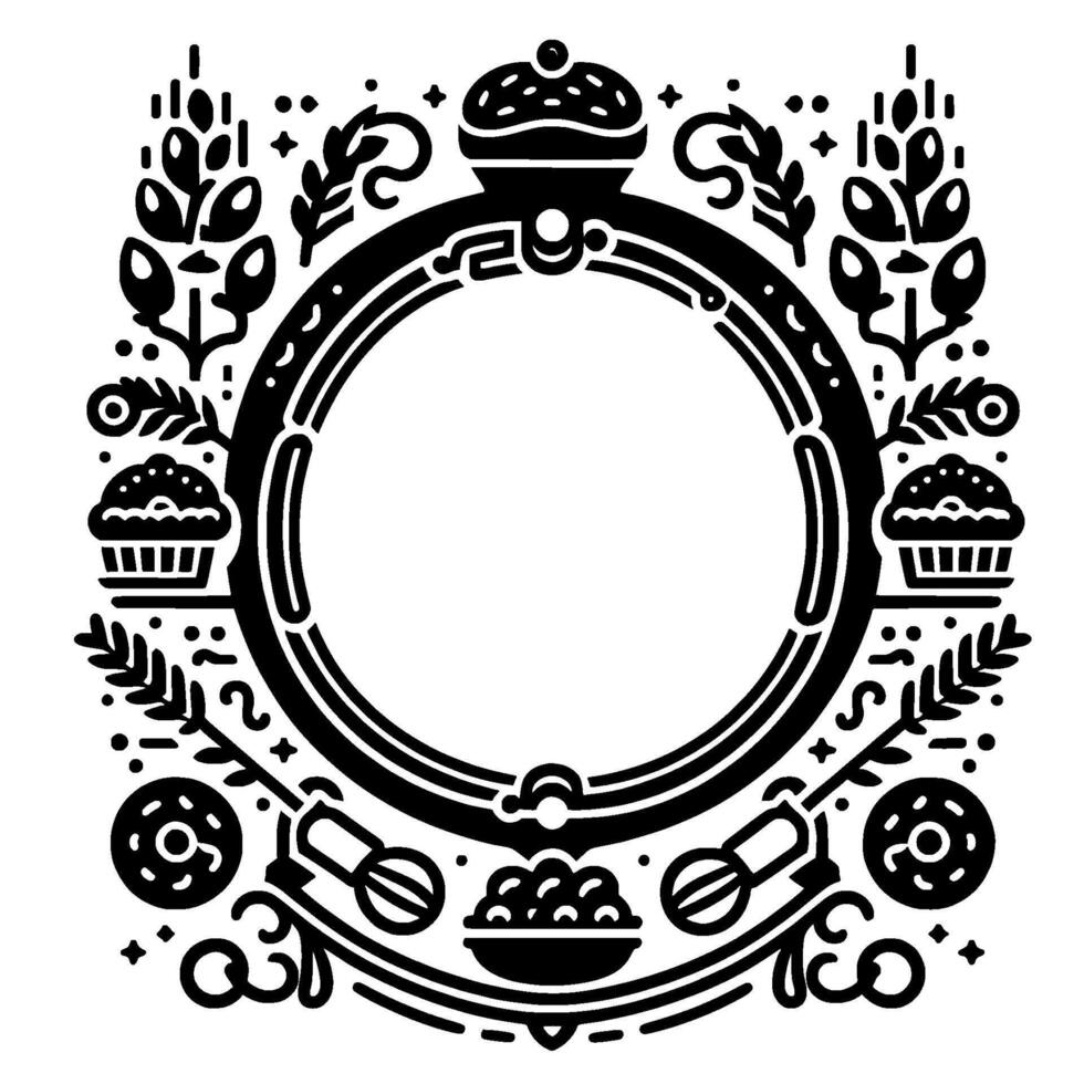Monochrome circular frame with bakery emblems cupcakes, donut, berries, and wheat surrounding a central space. vector