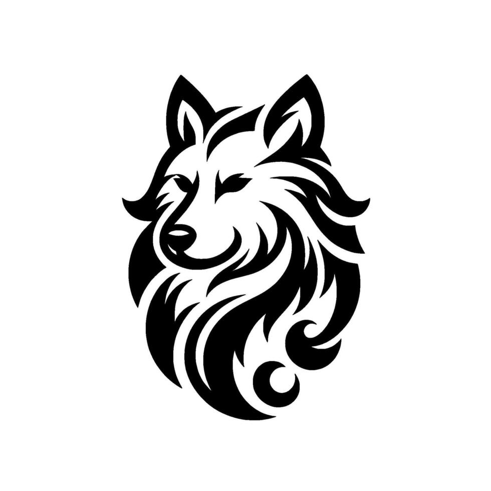Intricate black and white wolf head logo stylized tribal with flowing lines and curving forms, on a blank background. vector