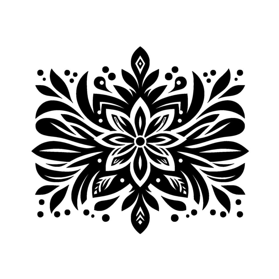 Intricate symmetrical black and white floral with stylized leaves, dots, and geometric accents, forming a mandalalike pattern. vector