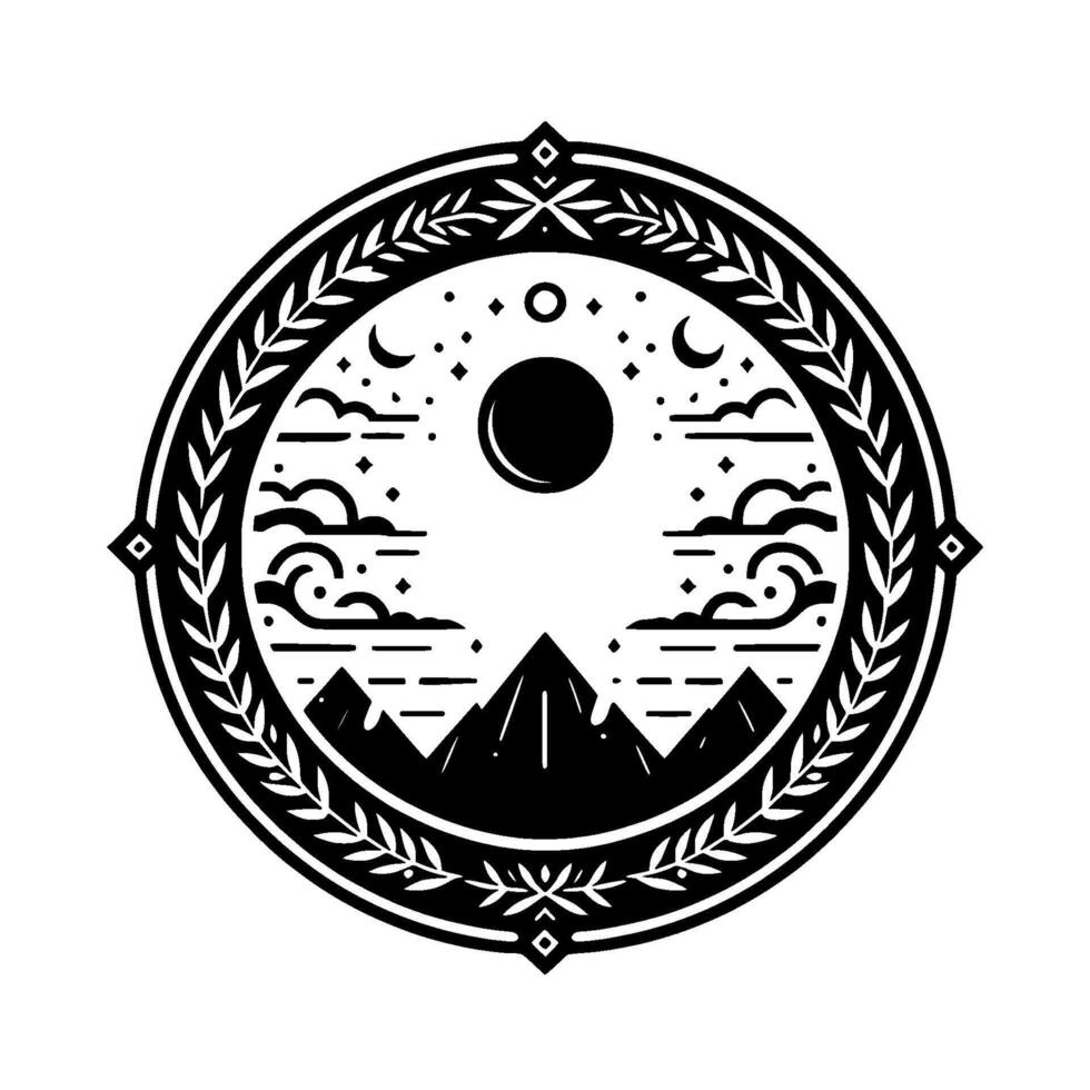 A circular emblem featuring a mountain range silhouetted against a night sky with a large moon, stars, clouds, and decorative laurel wreath. vector