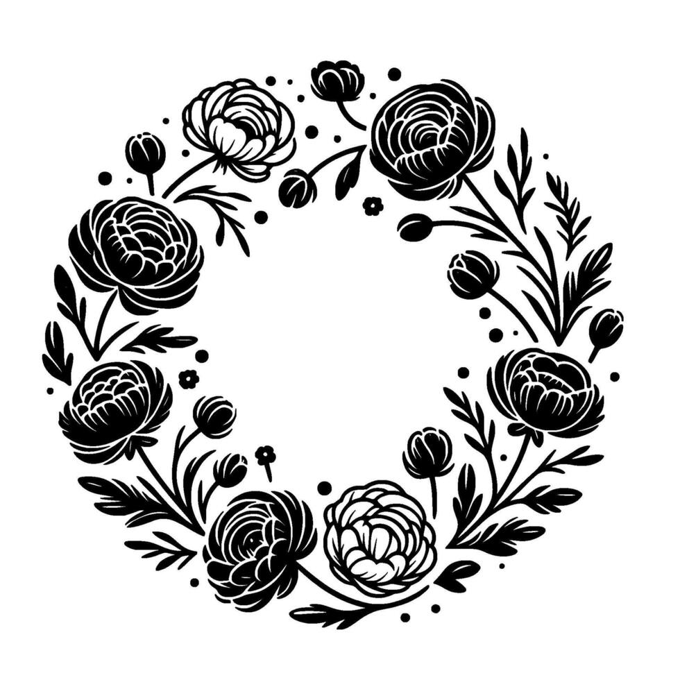 Intricate black and white floral wreath with lush roses, buds, leaves, and dots, forming a circular, elegant on white. vector