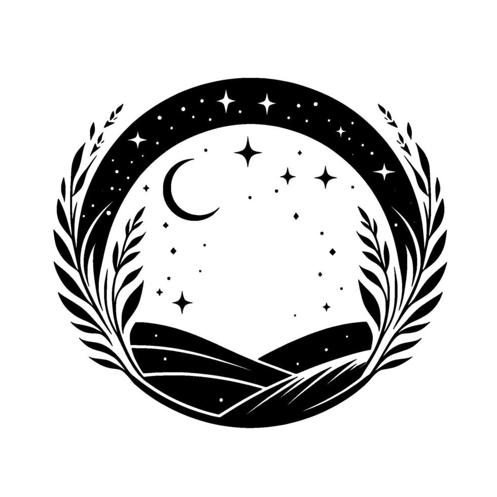Celestial crescent moon, stars, and rolling hills within a laurel wreath, illustrating nighttime serenity. vector
