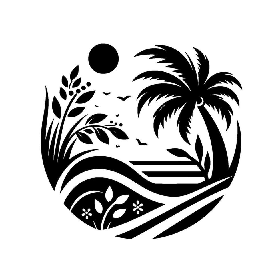 Black and white circular featuring a stylized palm tree, sun, foliage, undulating landscape, and birds in a tropical scene. vector