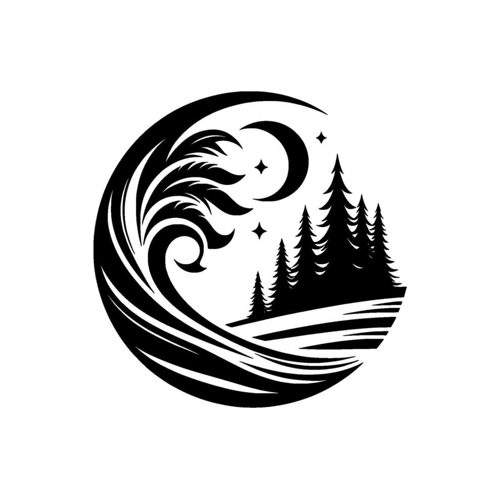 Circular black and white design nature scene with wave, moon, stars, and coniferous trees on white. vector