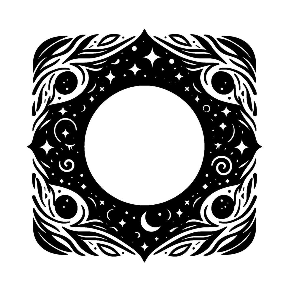 Celestial square frame black white cosmic with stars, crescent moons, and decorative floral elements surrounding a central white circle. vector