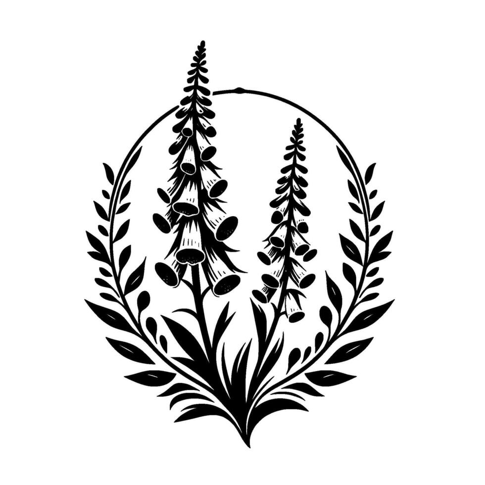 Black and white illustration stylized foxglove flowers enclosed in a circle with botanical laurel leaf embellishments. vector