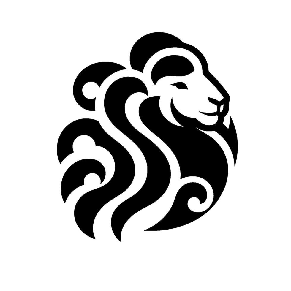 Stylized black and white lion head with flowing mane, minimalist on white background. vector