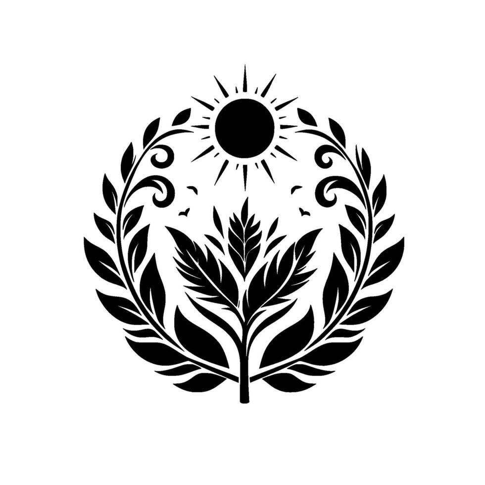 Black and white circular floral illustration with a sun, leaves, birds, and intricate vine design. vector