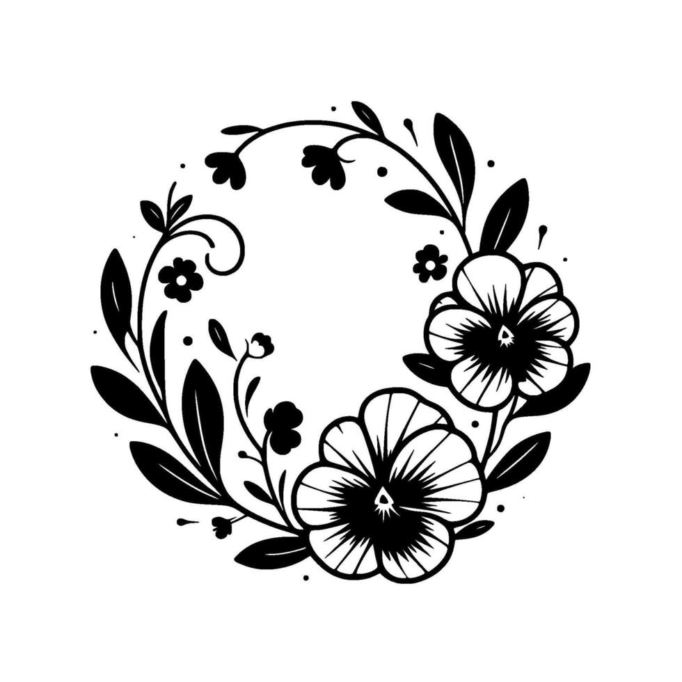 Elegant black and white circular floral design stylized pansies, leaves, sprigs, and dots forming decorative wreath on a clean background. vector