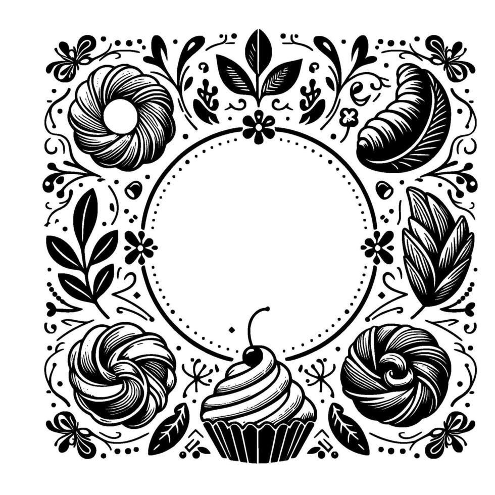 Intricate black and white floral frame with bakery delights, a cupcake and sweet pastries, enclosing a blank circle for text or imagery, for an elegant and rustic look. vector
