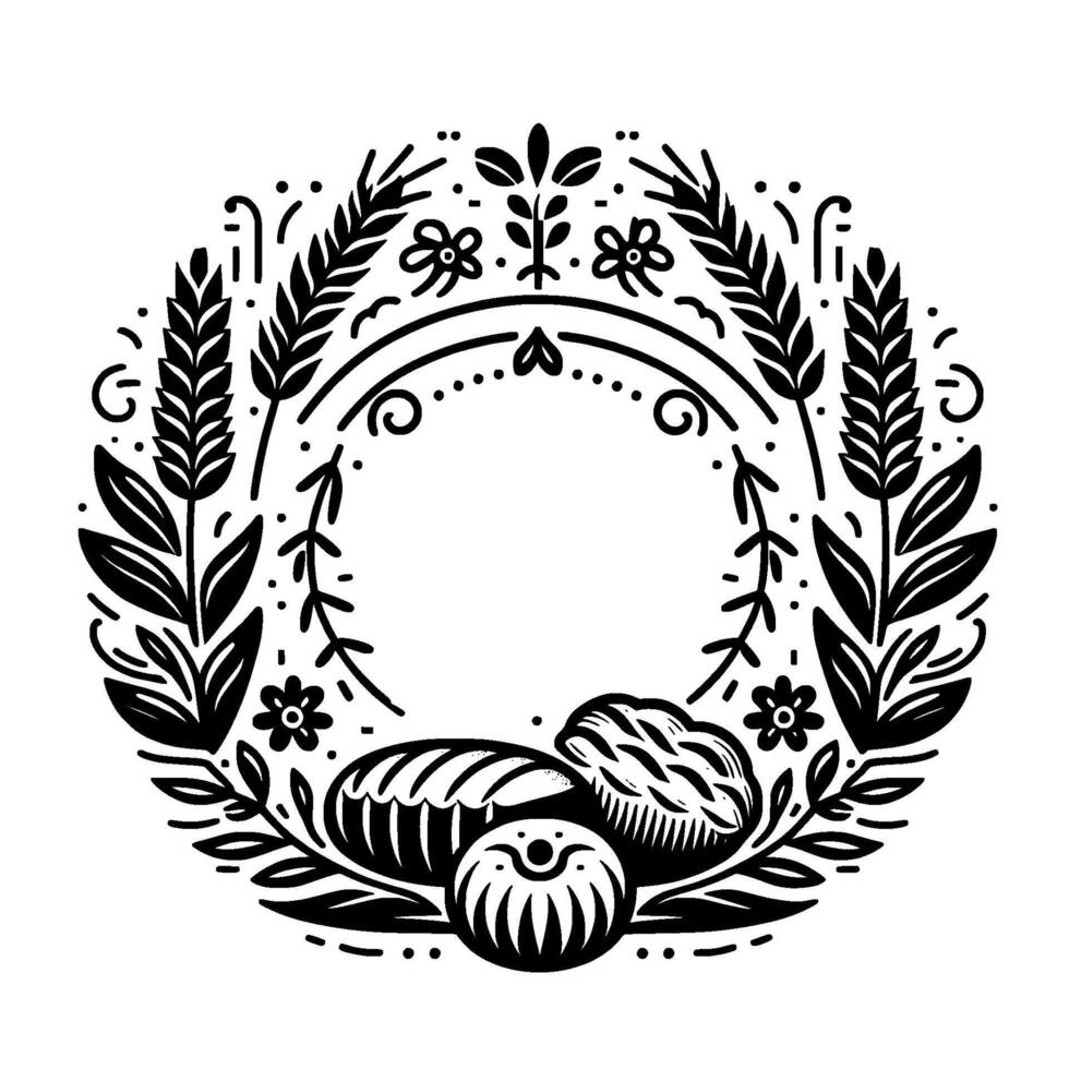 Decorative black and white floral wreath with wheat, flowers, and bread elements. vector