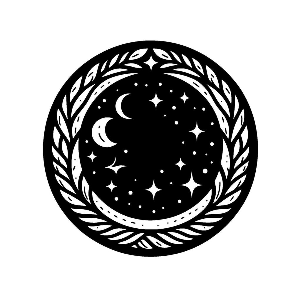 Celestial emblem a minimalist, black and white circular featuring crescent moons, stars, and a laurel wreath border. vector