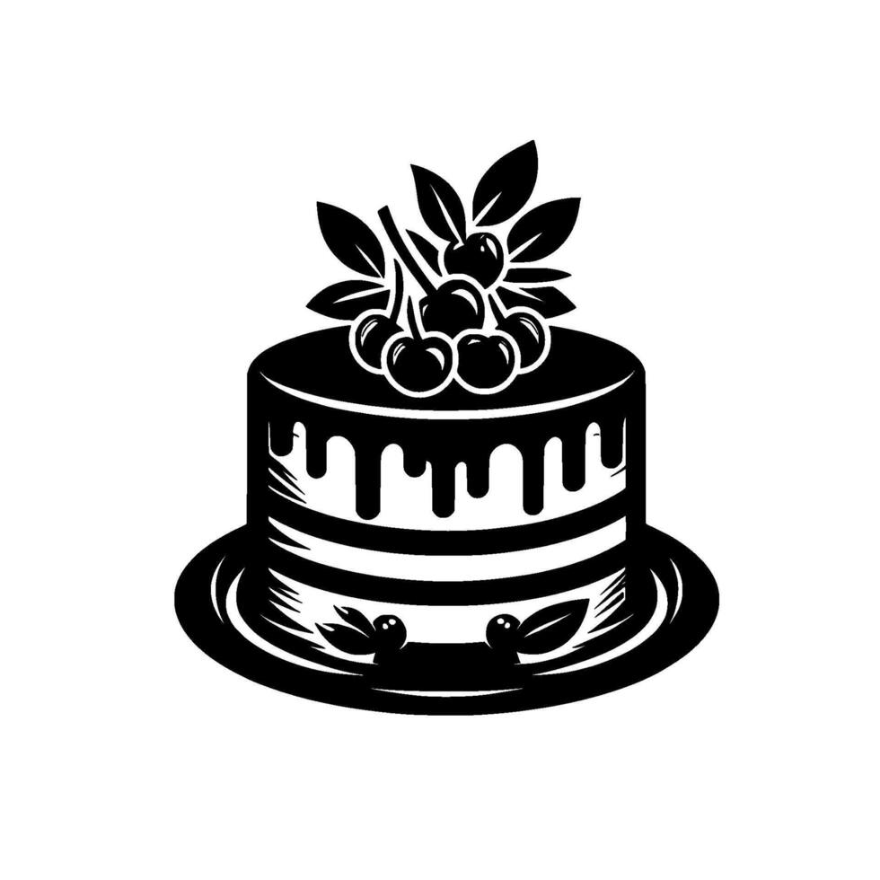 Elegant black and white cake illustration with cherries, drizzled icing, and a decorative plate, minimalist design. vector
