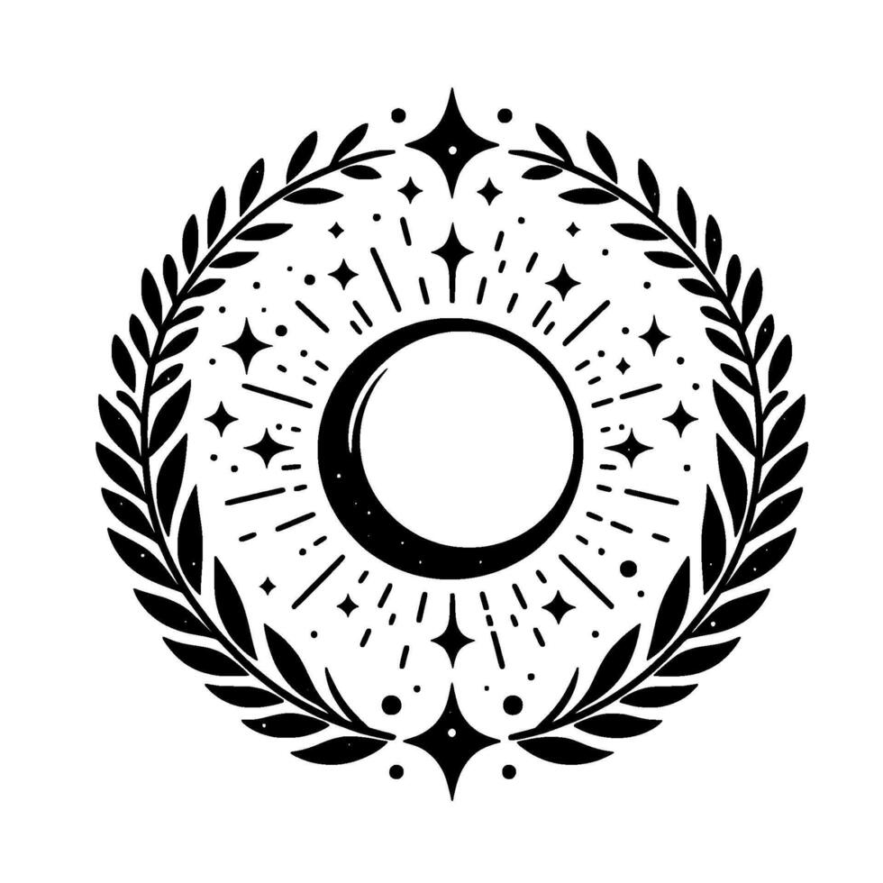 Black and white celestial featuring crescent moon, stars, sunburst, and floral wreath on a white background. vector