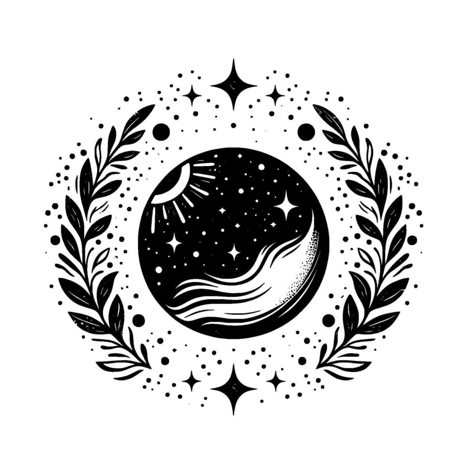 Black and white celestial emblem featuring a starfilled night, crescent moon, sun, and botanical wreath, evoking a sense of cosmic wonder. vector