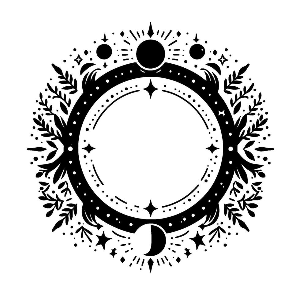 Mystical celestial circle black and white illustration of a mandala with moon phases, stars, and foliage, perfect for spiritual designs. vector