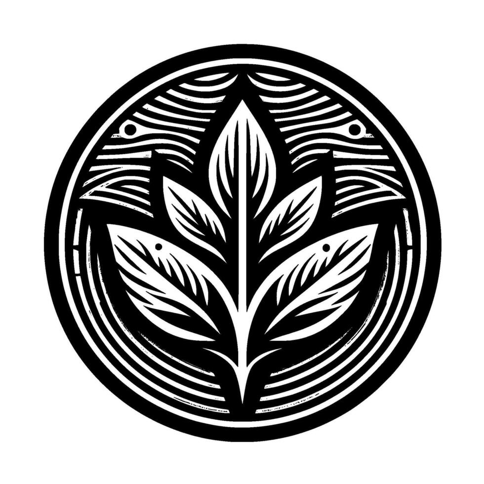 A symmetrical, black and white illustration of a stylized botanical emblem featuring a central leafy sprig within a circular frame of concentric lines, dots, and curved designs. vector