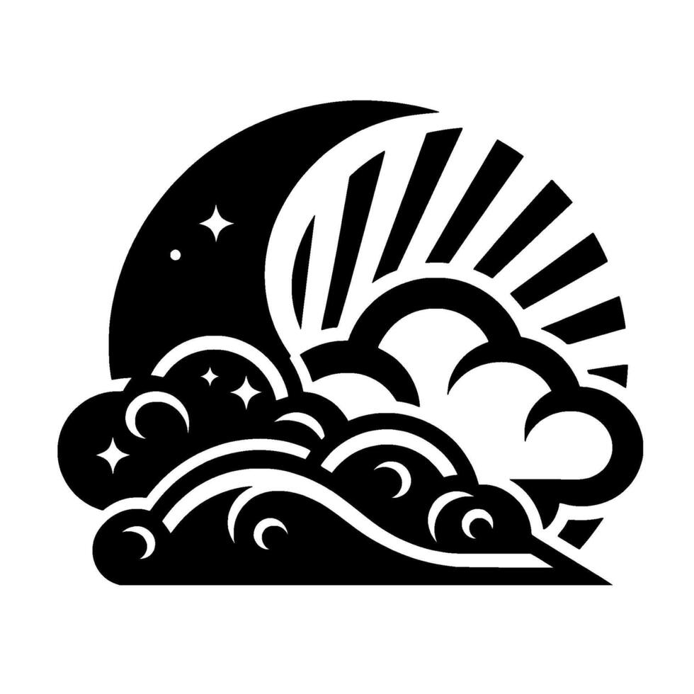 Stylized black and white illustration of the night and day cycle, featuring a crescent moon, radiating sun, stars, and stylized clouds. vector