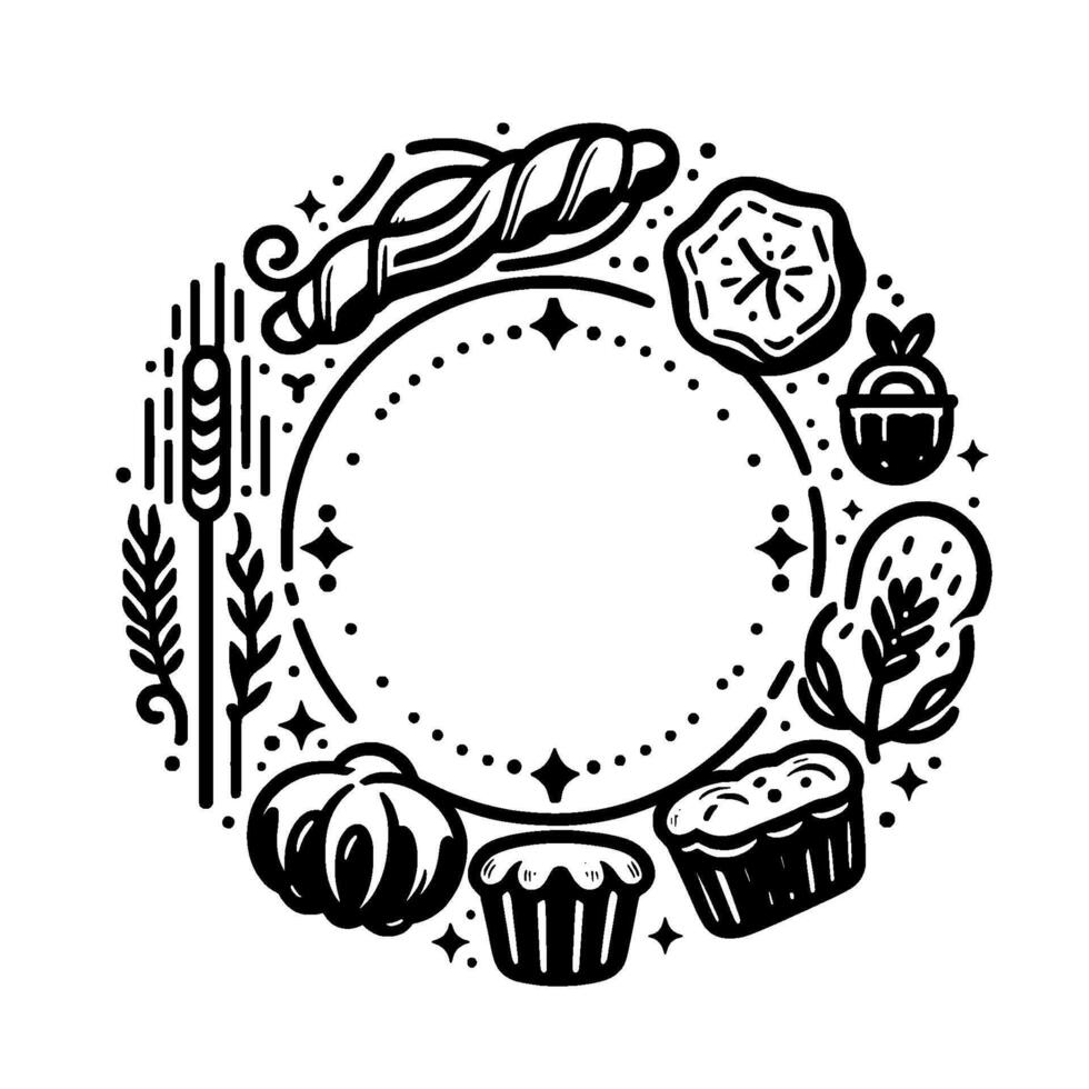 Elegant circular black and white illustration featuring diverse baked goods and autumn harvest elements around a central void. vector