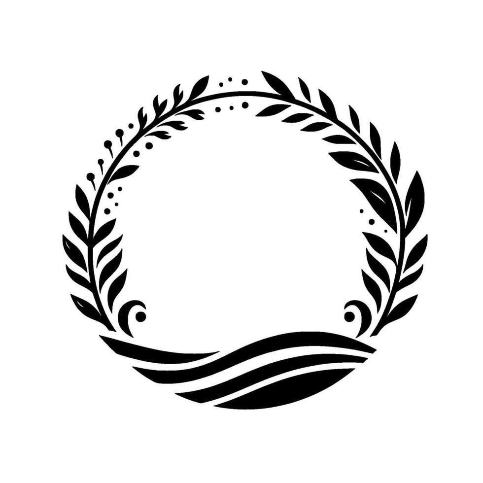 Elegant black and white circular frame featuring leafy branches, dots, and flowing wavelike element. vector