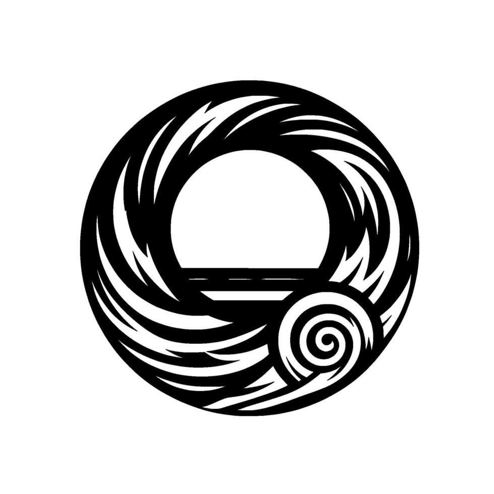 Abstract black and white circular featuring swirls, blades, and a simplified horizon within a bold, composition. vector