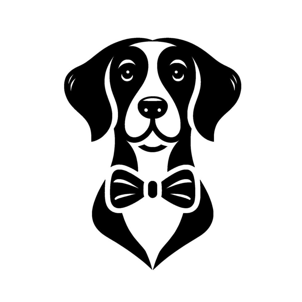 A dapper, stylized black and white illustration of a smiling dog wearing a bow tie and suit, perfect for a sophisticated brand. vector
