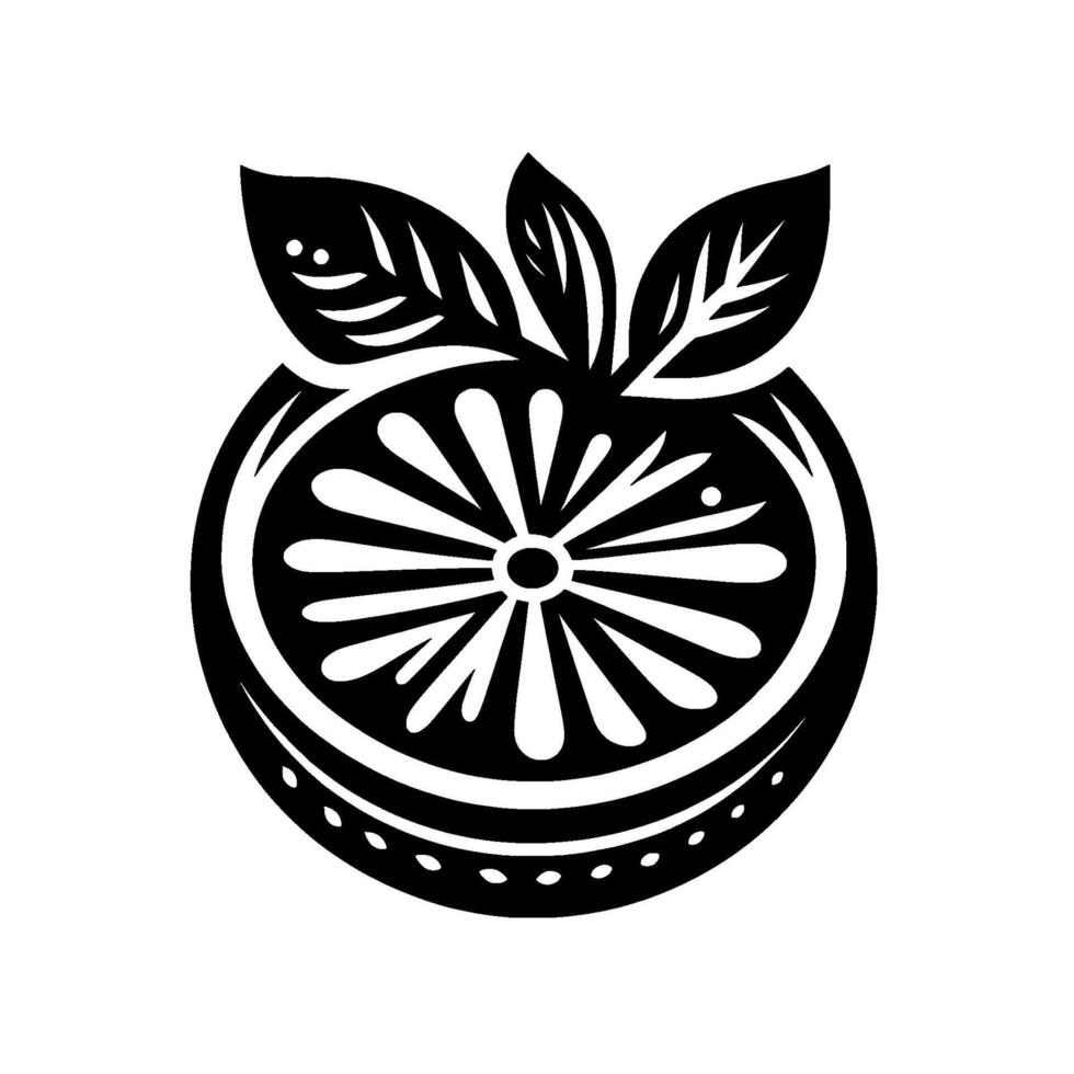 Bold, stylized blackandwhite illustration of a sliced citrus fruit adorned with decorative leaves, showcasing geometric design. vector