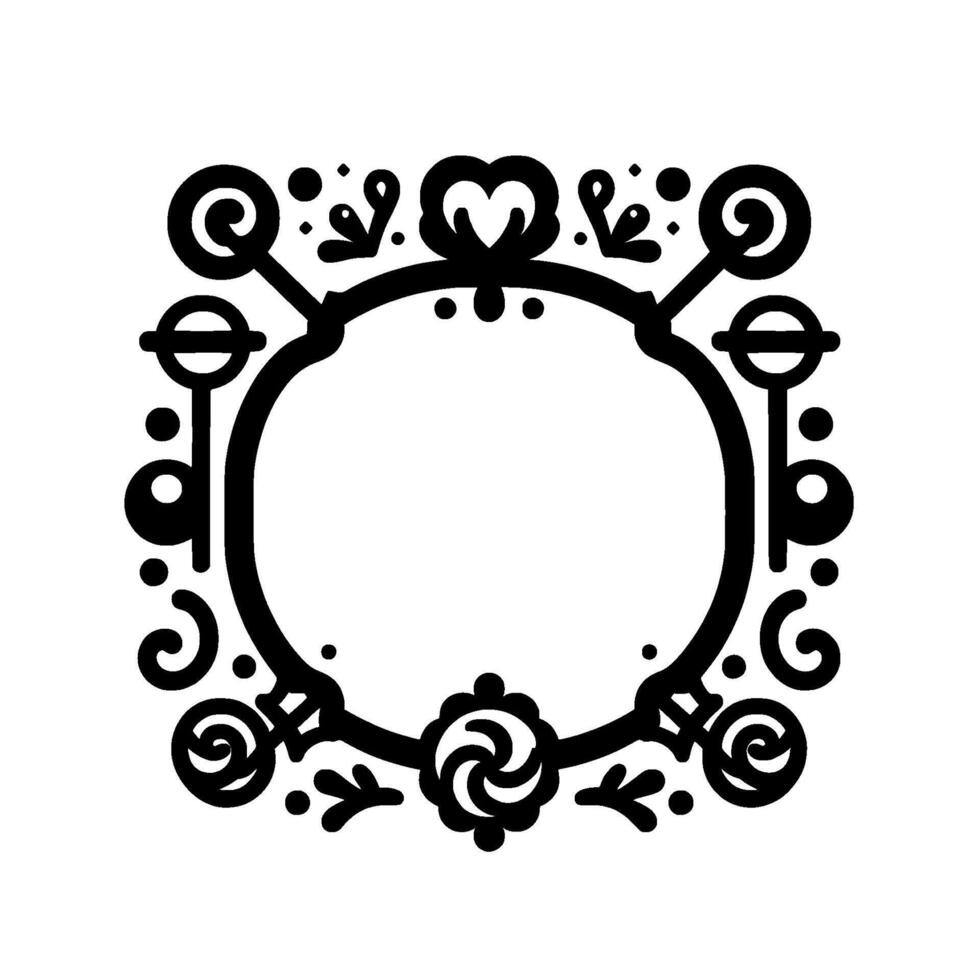 Ornate black and white frame with heart, swirls, and floral elements, circular border for embellishment. vector