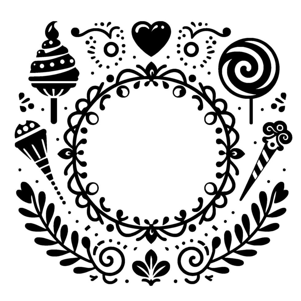 Black and white folk art composition decorative floral frame with sweets and heart embellishments. vector